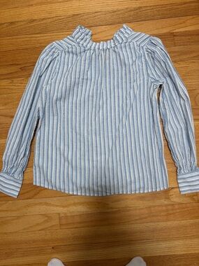 LOFT Women’s Blue & White Striped Ruffle-Neck Top
